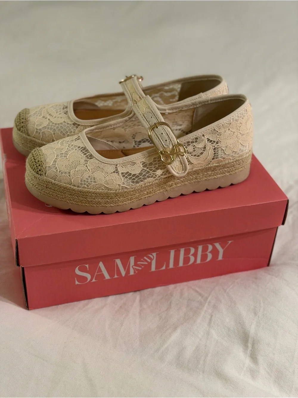 Sam & Libby Cream Lace Mary Jane Espadrille Flats with Gold Buckle